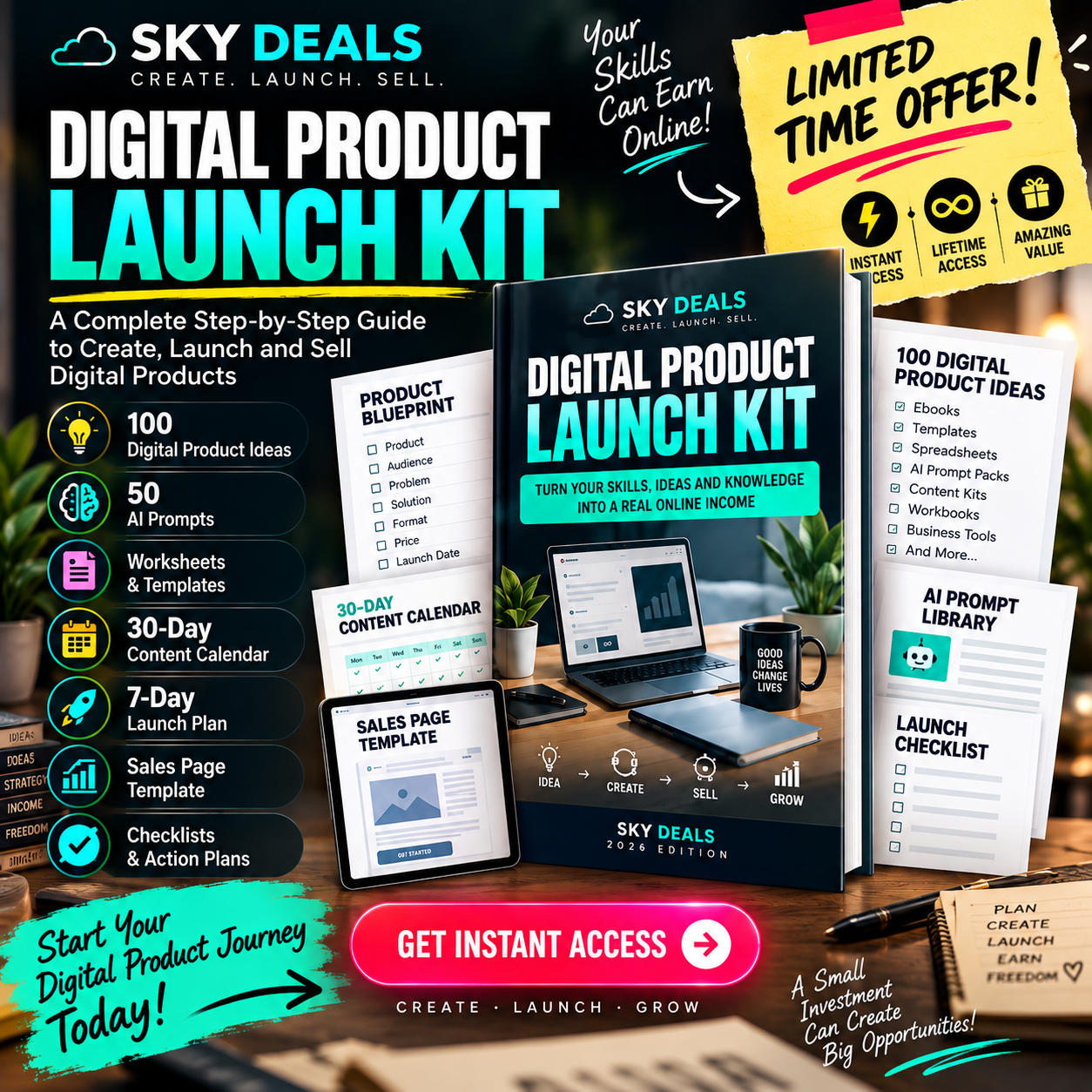Digital Product Launch Kit: 100 digital product ideas, 50 AI prompts, worksheets and templates, 30-day content calendar, 7-day launch plan, sales page template, checklists and action plans. Just Rs 199, lifetime access.